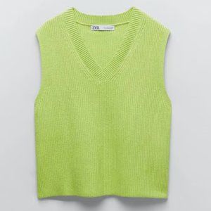 SPRING ZARA V Neck Lime Green Sweater Vest Size Medium